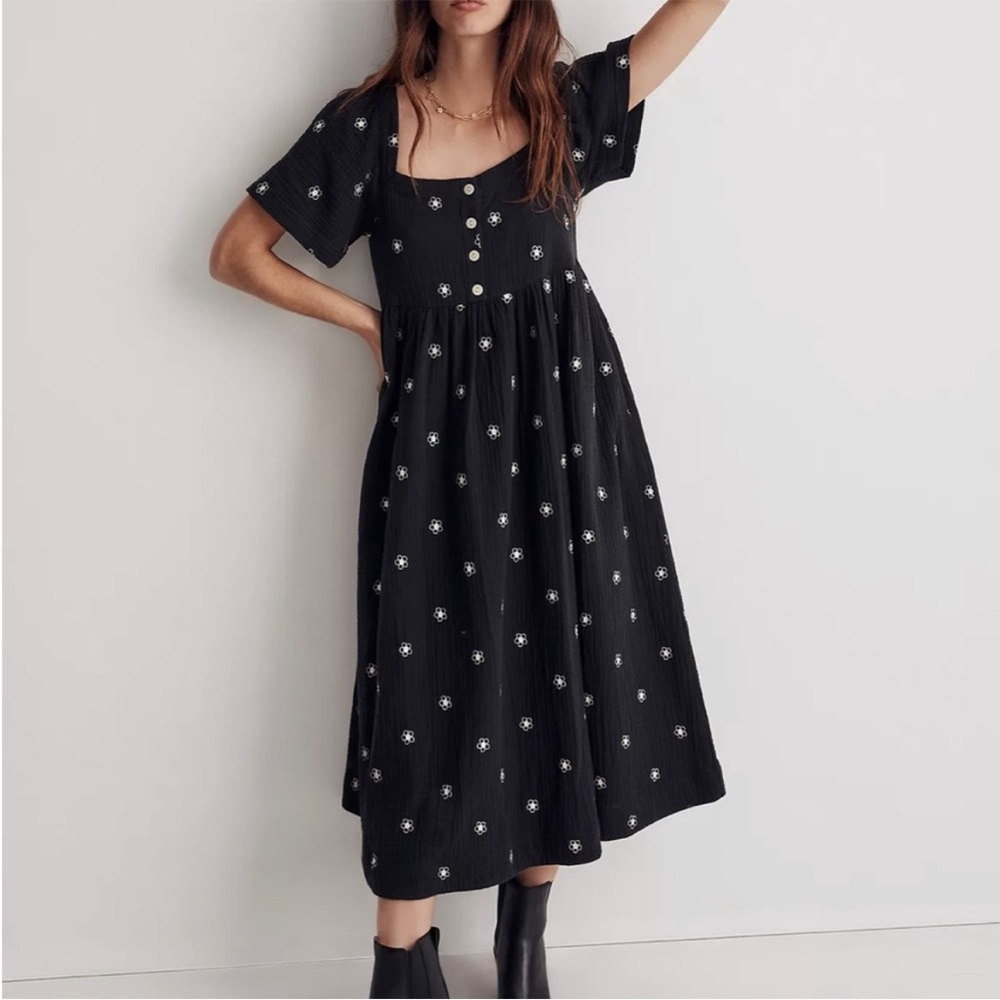 Madewell Daisy Embroidered Lightspun Square-Neck Midi Dress Size Small